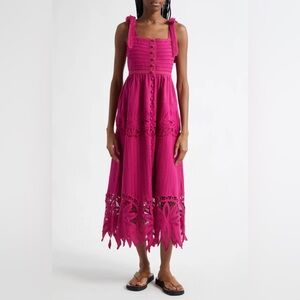 Medium FARM Rio Pink Embroidered Midi Button-Down Dress